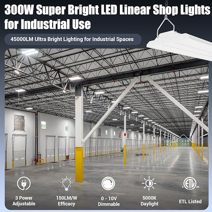 LED Linear Shop Lights 300W, 45000LM Led High Bay Lights 5000K Daylight 120-277V,Led Garage Light for Shop Workshop Store Commercial Supermarket Warehouse Basement Exhibition Room ETL-2Pack