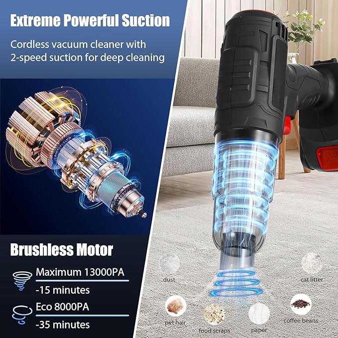 Car Vacuum Cleaner Portable Air Duster 2in1 Brushless Motor 80000 RPM Vacuum Suction Blower with LED Light Dual Use for Home Office Keyboard with 5pcs Nozzles and Carry Bag