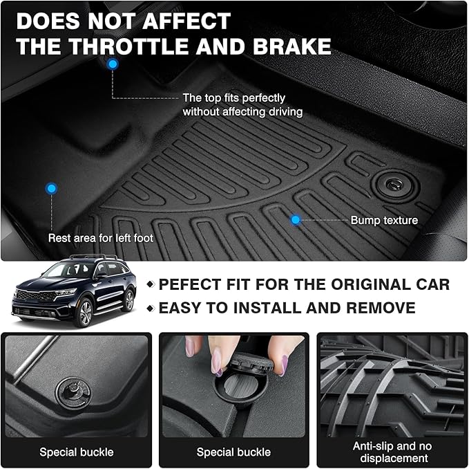 Powerty Floor Mats for 2021-2025 Kia Sorento (Non-Hybrid) Accessories All Weather Floor Liner 3D TPE 1st & 2nd Row Floor Mat Heavy-Duty Floor Liners