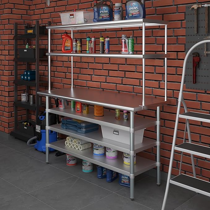 Amgood 24" x 60" Stainless Steel Work Table with 3 Shelves and 18" Wide Double Tier Overshelf | Metal Kitchen Prep Table & Shelving Combo | NSF