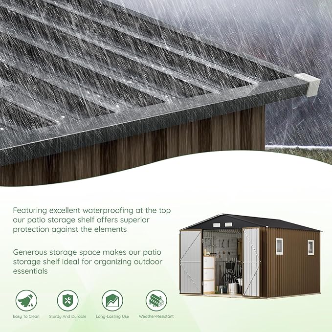 10X10X7.5 FT Outdoor Steel Storage Shed with Lockable Doors, 2 Windows, Metal Frame Floor (Wood Panels Not Included), Ideal for Backyard, Patio Storage,Chicken Coop, Brown