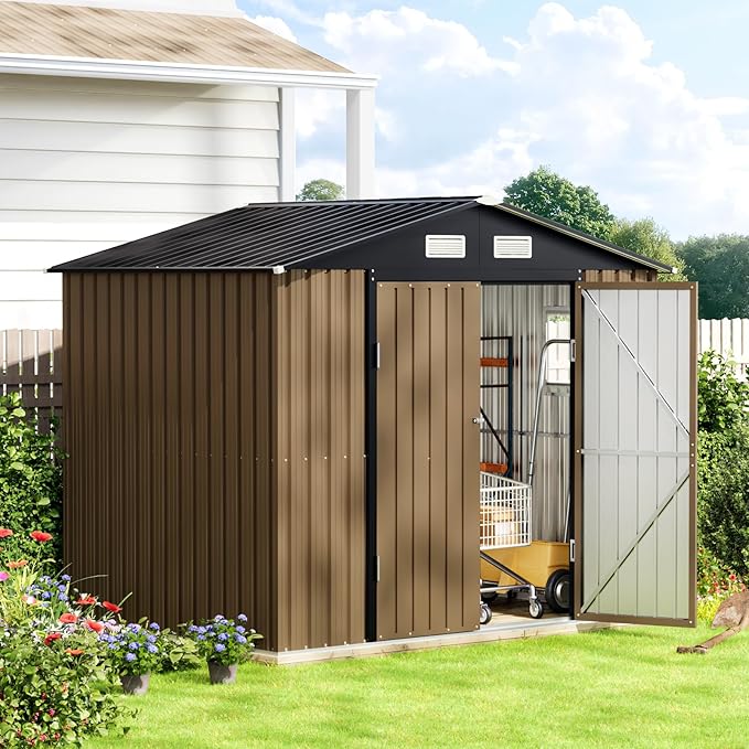 8X6FT Outdoor Steel Storage Shed with Lockable Doors, One Big Window,Ideal for Garden, Backyard, Patio Storage,Brown