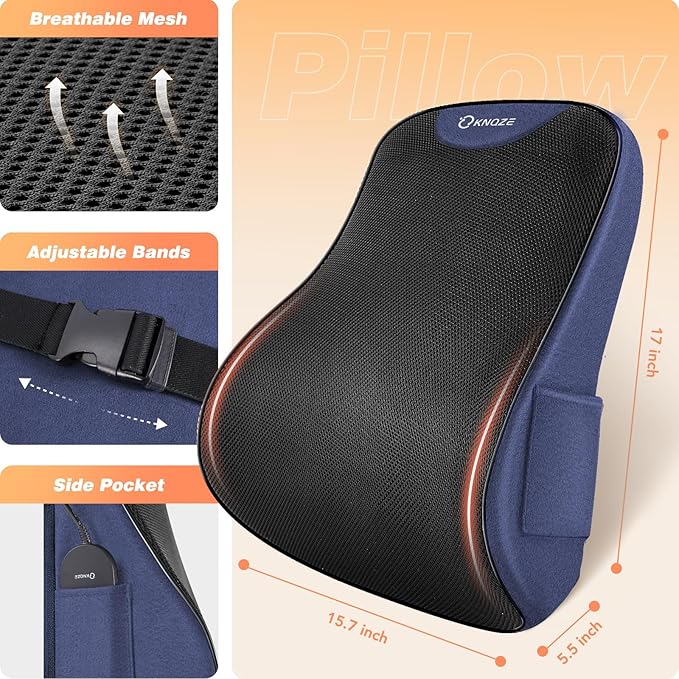 Lumbar Support Pillow for Office Chair, Heated Back Support Pillow with Vibration, Back Massage for Pain Relief, at Home Office Car Sofa, 3 Heating Levels & 4 Motors & 3 Intensities, Gifts