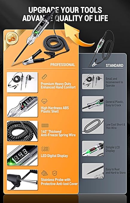 Automotive Test Light, Heavy Duty 5-90V Digital LED Electrical Tester, Circuit Tester with 140 Inch PU Spring Wire, Voltage Tester Pen for Checking Vehicle Car Truck Motorcycle Boat