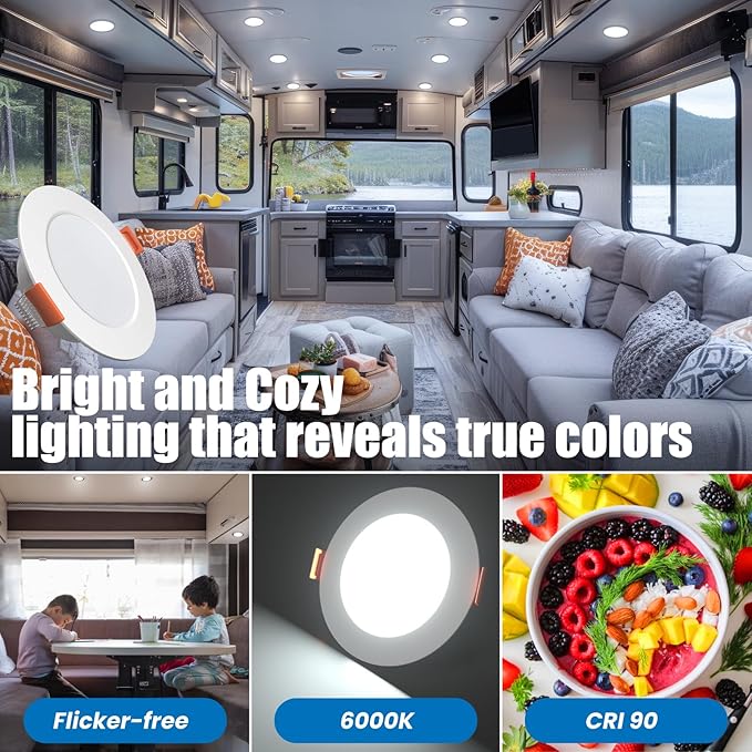 12 Volt 3 Inch Ultra Thin LED Recessed Ceiling Lights for RV Interior 3W 6000K 12V LED Downlights Dimmable RV Puck Lights for Camper Van Boat Under Cabinet Lighting, 6Pack