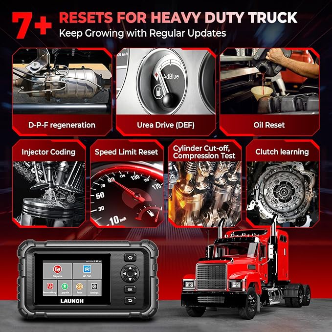 LAUNCH CRP129 HD Heavy Duty Truck Scanner, Full System Diesel Scanner with 7+ Resets, D.P.F Regen, Speed Limit Adjust, Oil Reset for Commercial Vehicles, Cummins, Detroit, Isuzu, Volvo&More
