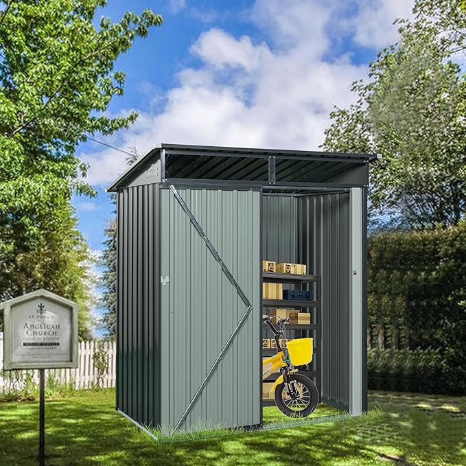 Metal 5x3 FT Garden Storage Shed, Outdoor Small Shed with Sloped Water-Resistant Roof and Lockable Door for Backyard, Patio,Garage and Bike Storage Grey