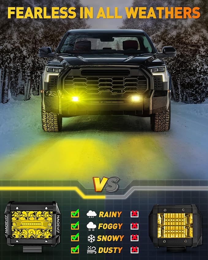 NAOEVO 4 Inch LED Pod Lights, Spot Flood Yellow LED Fog/Driving/Off Road Lights with 2 Leads Wiring Harness, Cube Pods for Truck Boat ATV UTV, 2 Pcs (Yellow)