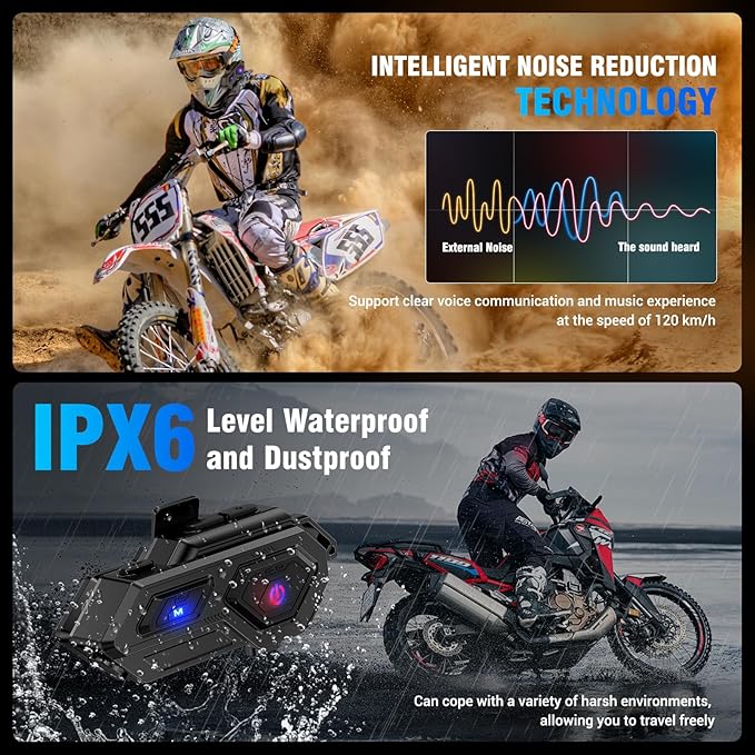 Motorcycle Bluetooth Headset, C8 Helmet Bluetooth Headset with 2 Type Mics, Hands-Free Call/Music/IPX6/Noise Cancellation/Wake Up Siri/Can Connect Two Mobile Phones, Motorcycle Helmet Speakers