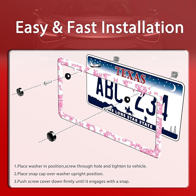 Pink Butterfly License Plate Frame Funny Animal License Plate Frames Stainless Steel Accessories Cars Decor with 2 Holes and Screws Fits Standard Us Ca Vehicles License Plate Holder 12.2 X 6 Inch