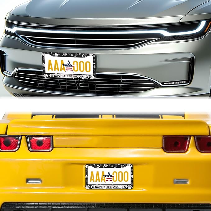 License Plate Holder Black and White License Plate Frames Save a Life Adopt Aluminum Metal Car Accessory 2 Pack with Screw Covers Set