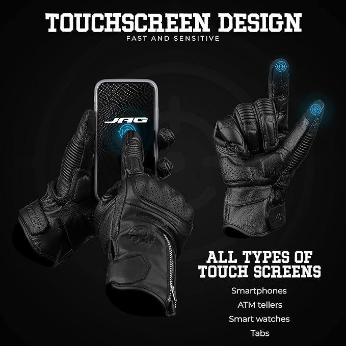 J.A.G. Motorcycle Gloves - Premium Leather Perforated Motorcycle Gloves for Men with Knuckle Protection | Touchscreen Motorbike Riding Gloves