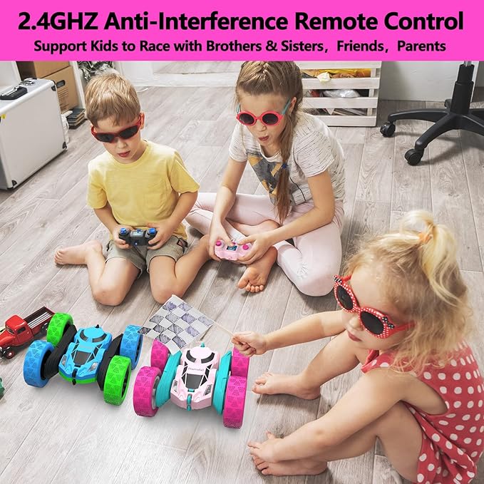 Remote Control Car for Girls Pink RC Car Double Sided 360°Flip Stunt Car with Headlights, Girl Princess Toys Rechargeable Toy Car for 6-7 6-8 9 10-12 Year Old Girls Birthday