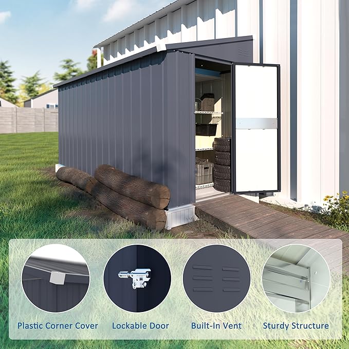BlueWish 4'x10' Storage Shed, Outdoor Storage Shed with Vents, Galvanized Sloping Roof, Metal Tool Shed Small Shed for Tool Storage, Garbage,Pet House