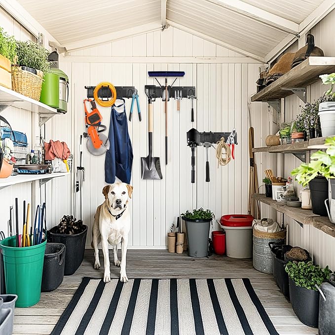 Garage Organization Garage Wall Organizer-Garage Tool Organizer Wall Mount 48in with Adjustable Metal Hooks,Max 440Lbs Yard Tool Organizer,Garden Tool Storage for Shovels Broom Folding Chair,Black