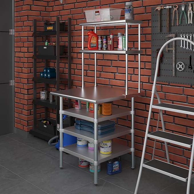 Amgood 30" x 30" Stainless Steel Work Table with 3 Shelves and 12" Wide Double Tier Overshelf | Metal Kitchen Prep Table & Shelving Combo | NSF