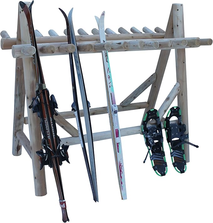 22-Place Freestanding Ski Log Racks, Pole Ski Holders, Garage Racks for Organization, Pole Stands, Snowboard Rack Garage, Snow Skis Sports Storage - Natural