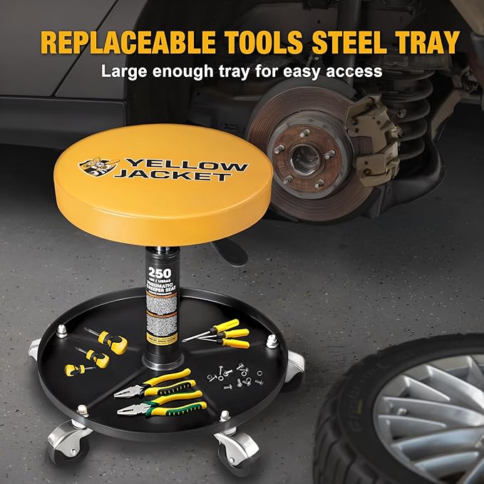 YELLOW JACKET Rolling Mechanic Stool with Wheels Pneumatic Garage Shop Seat Adjustable Height Roller Mechanics Creeper Chair with Tool Tray for Auto Repair