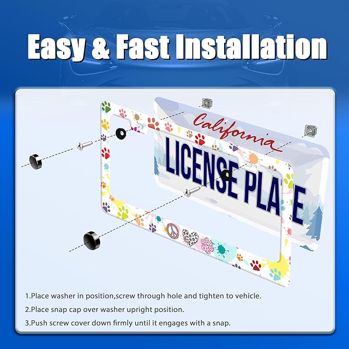Dog Cat Paw License Plate Frame Colorful Paws License Plate Stainless Steel Funny License Plate Holder for Men Women Universal Animals Car Accessories Decoration 12.3" x 6.3"