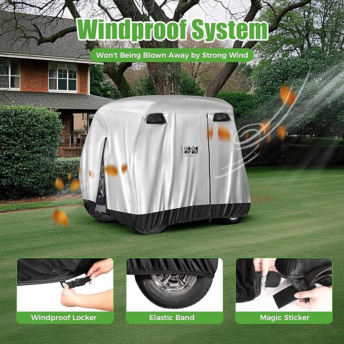 10L0L 4 Passenger Golf Cart Cover for Yamaha EZGO Club Car, 400D Polyester All-Weather Waterproof Golf Cart Storage Cover with Three Zipper Doors-Silver
