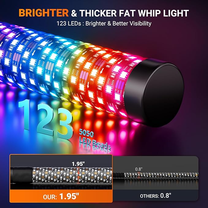 2FT Fat Whip Lights for UTV ATV with Spring Base, Led Fatty Whip Light W/Rocker Switch & 6 Flags, Brighter Spiral Chasing Lighted Antenna Whip with APP & Remote Control for RZR SXS Can-Am