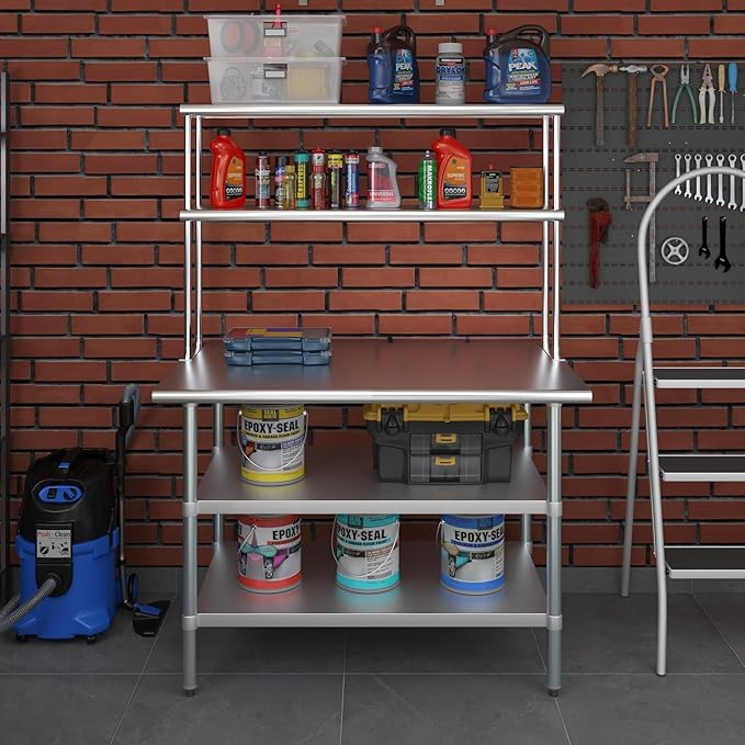Amgood Stainless Steel Work Table with 2 Shelves | 30" x 48" Table with 2 Shelves + 12" Overshelf