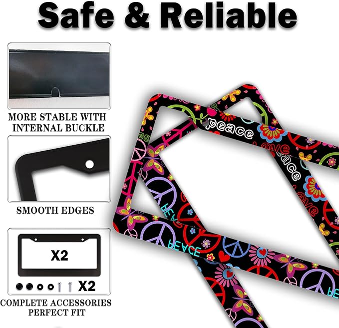 Car License Plate Frame Multicolor License Plate Frames Hippies Peace Flower Aluminum Metal Car Accessory 2 Pack with Screw Covers Set