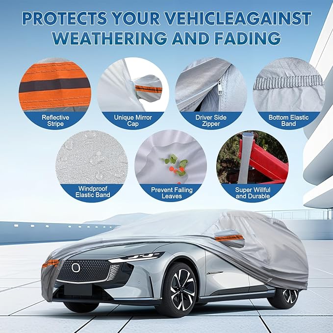 KEYOOG Fit for 178"-189" Length SUVs, 6-Layer Full Car Cover is All-Weather Waterproof, Universal in All Seasons, Snow Prevention, Rainproof, Acid Rainproof, Sunscreen, Orange Reflective Strip