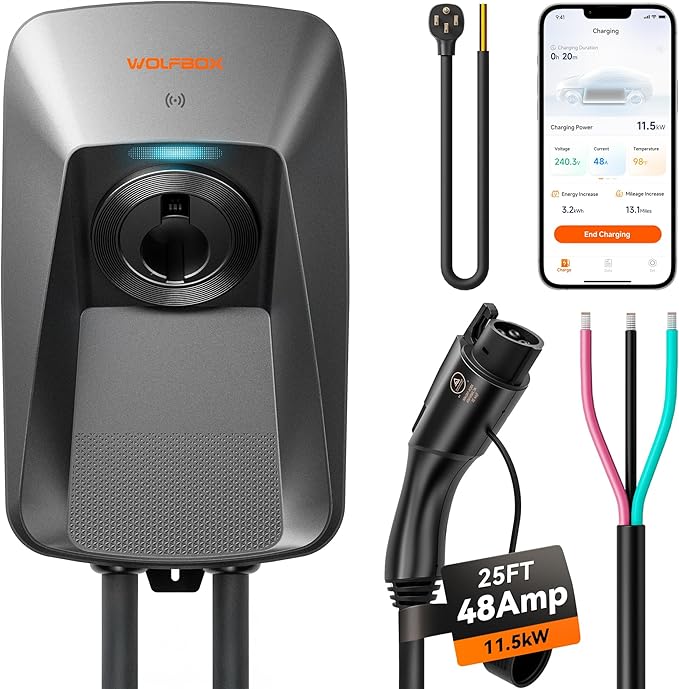 WOLFBOX Level 2 ev Charger 48 Amp J1772,Hardwired ev Charger Level 2 with NEMA 14-50 Plug 25ft Cable,Smart APP&RFID Card Control,240V Electric Vehicle Charging Station for Electric Automobile(WE48)