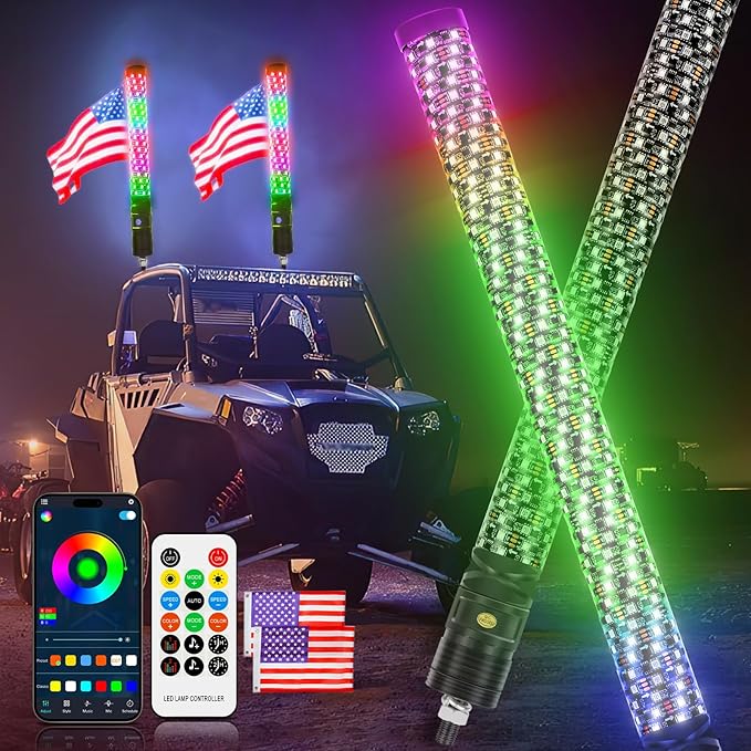 DREAMIZER 2PCS 2FT Fat Whip Lights 360°Spiral Chase Offroad Warning Lighted Antenna LED Whips Side by Side with Turn Signal Brake Reserving Lights for UTV ATV RZR Can-Am SXS Polaris Offroad Truck