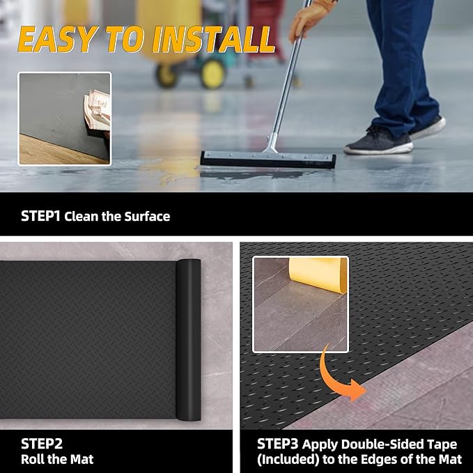 8.2 x 23 FT Garage Floor Mat, 2.8mm Thickened Diamond Plate PVC Garage Flooring Roll for Car, 188.6 SQFT Heavy Duty Vinyl Garage Floor Protector for Garage, Basement, Truck. Black