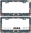 Colorful Floral Flowers License Plate Frames - 2 Pcs Set 2 Holes Stainless Steel Metal Auto Car Accessories Decoration License Plate Frame Cover Size 6.3" x 12.2" Fit US Vehicles for Women Men Gift