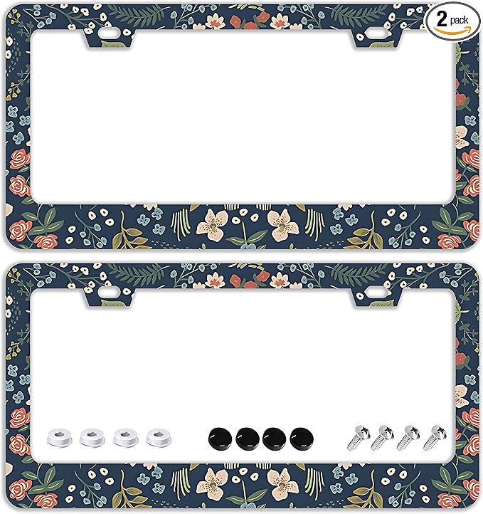 Colorful Floral Flowers License Plate Frames - 2 Pcs Set 2 Holes Stainless Steel Metal Auto Car Accessories Decoration License Plate Frame Cover Size 6.3" x 12.2" Fit US Vehicles for Women Men Gift