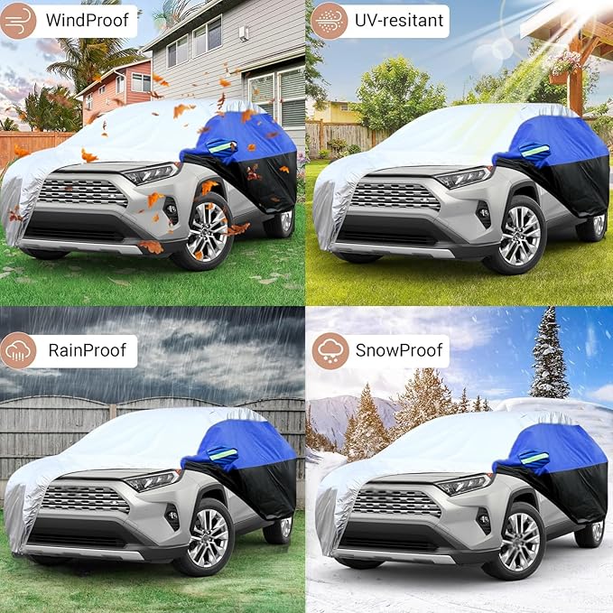 Car Cover for SUV Waterproof All Weather Snowproof UV Windproof Outdoor Full Car Jacket with Elastic Edges Adjustable Straps