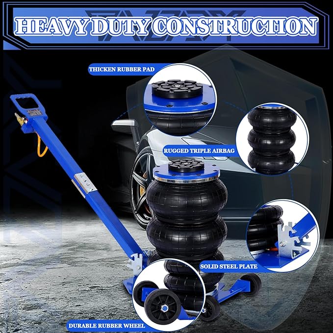 5T Triple Bag Air Jack 11000lbs Pneumatic Jack 3s Fast Lift Up 16in Airbag Jack with Adjustable Long Handle Heavy Duty Triple Air Bag Jack Lift for Cars Garage (Blue)