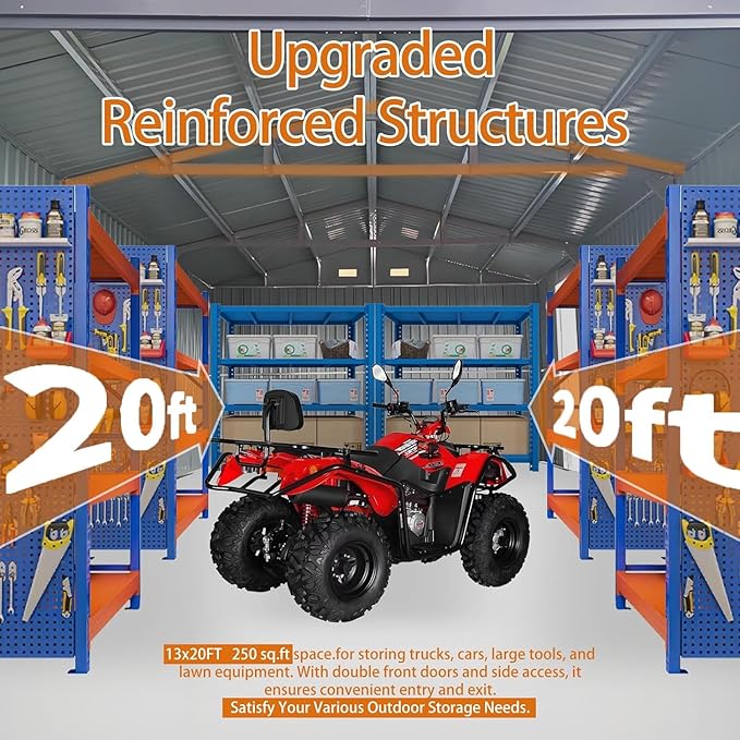 KUIKUI 20x13ft Heavy Duty Outdoor Garage Metal Shed, Sheds and Outdoor Storage with 2 Doors and 4 Vents Without Floor, Car Sheds Outdoor Garage