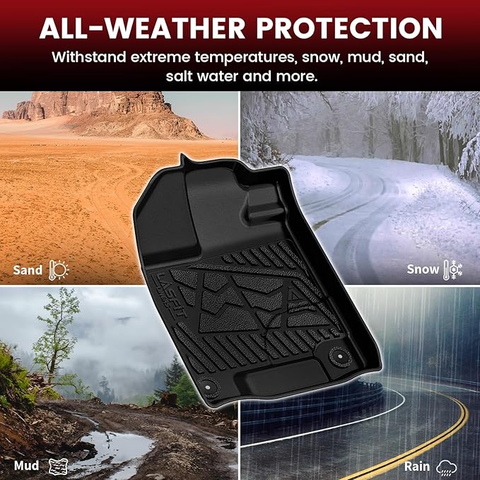 LASFIT Floor Mats for Honda Ridgeline 2025 2024 2023-2017 Crew Cab, All Weather Protection TPE Non-Slip Custom Fit Automotive Accessories Floor Liners 1st & 2nd Row, Black