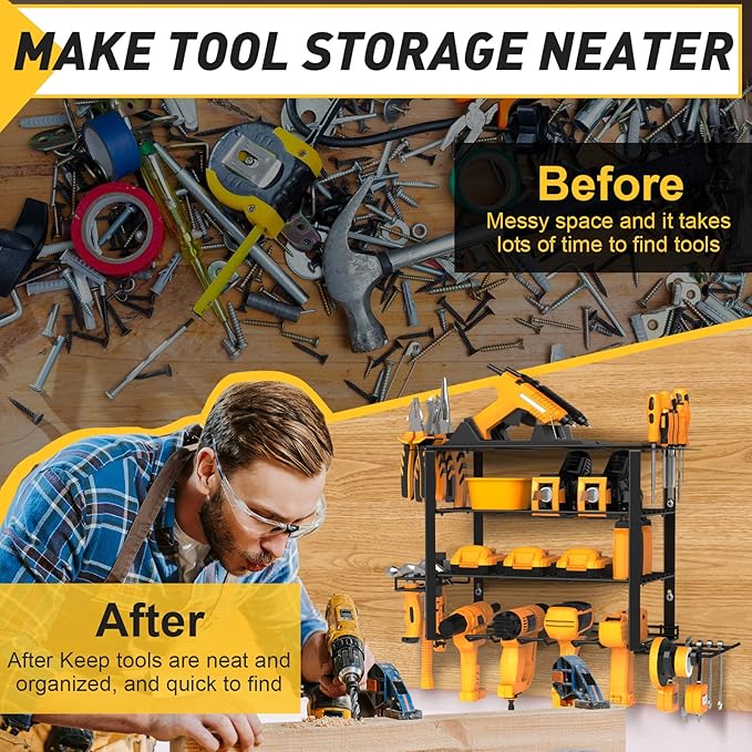 4 Layers Power Tool Organizer Wall Mount for Fathers Dad, 4 Cordless Drill Holder Garage Organization Heavy Duty Metal Loads 200LBS, Garage Shelving for Tool Storage, Tool rack for Men