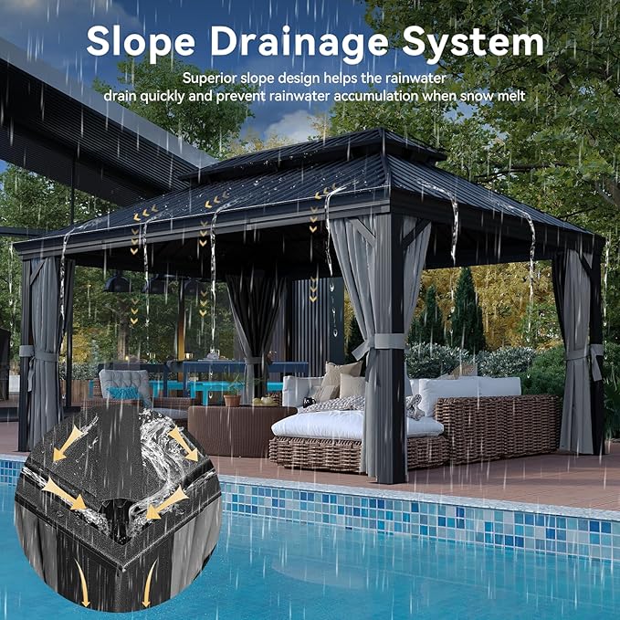 Aoxun 12' X 16' Permanent Hardtop Gazebo Aluminum Gazebo with Galvanized Steel Double Roof for Patio Lawn and Garden, Curtains and Netting Included, and LED Outdoor Waterproof Hanging Lights, Grey