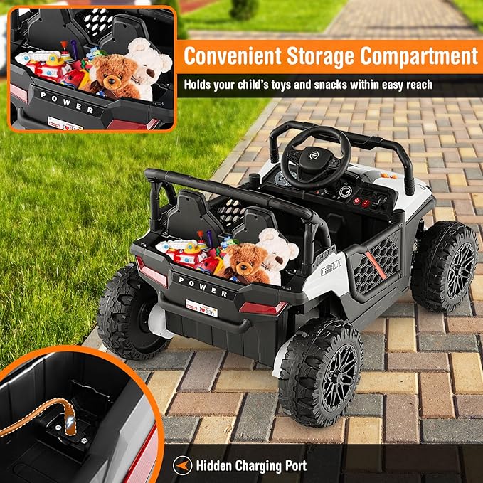 Costzon Kids UTV, 12V Battery Powered Electric Off-Road Car w/Remote Control, Sounds, Wireless Connection, 3 Speeds & 4-Wheel Suspension, Kids Ride on Truck, Gift for Boys & Girls 3+ Years Old (White)