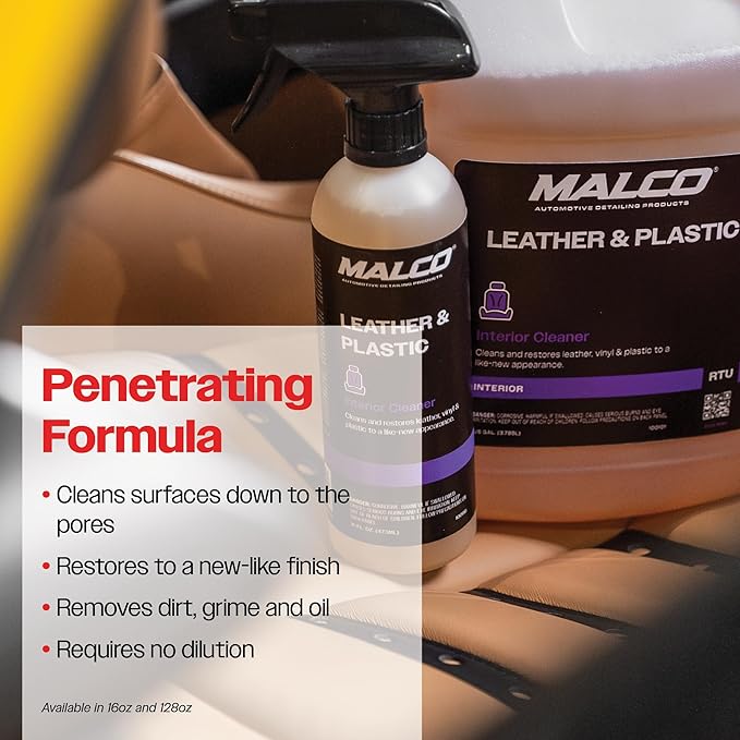 Malco Leather & Plastic Cleaner – Penetrates Deep to Remove Dirt, Grime and Oily Soils/Restores Leather, Plastic and Vinyl/Leaves Surfaces Clean, Shiny and Film-Free / 1 Gallon (100101)