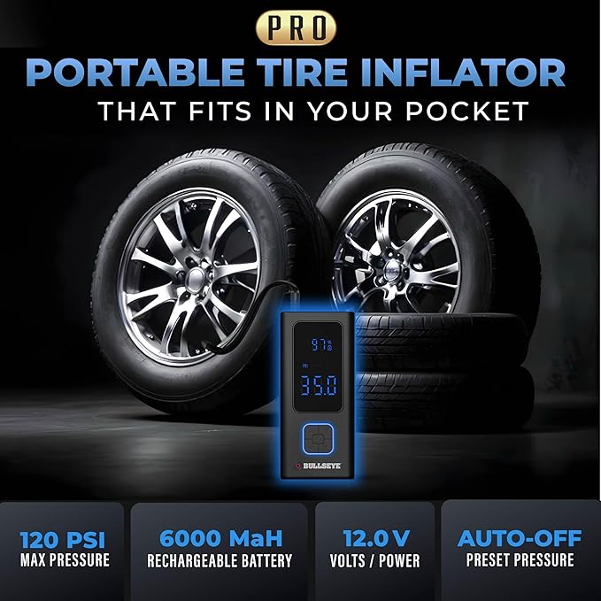 POCKET AIR PRO Tire Inflator Portable Air Compressor by Bullseye Pro for Tires, Balls, Bike with Persta Valve, Auto Shut Off, Inflates in 2 Min, Cordless Rechargeable 6000MAH,150 PSI, SoS Light