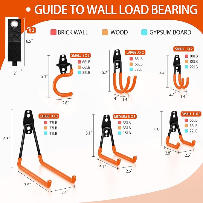 18 Pack Garage Hooks Heavy Duty - Anti-Slip Coating， Garage Storage Hooks for Hanging Bike，Ladder，Garden Tools，Hose