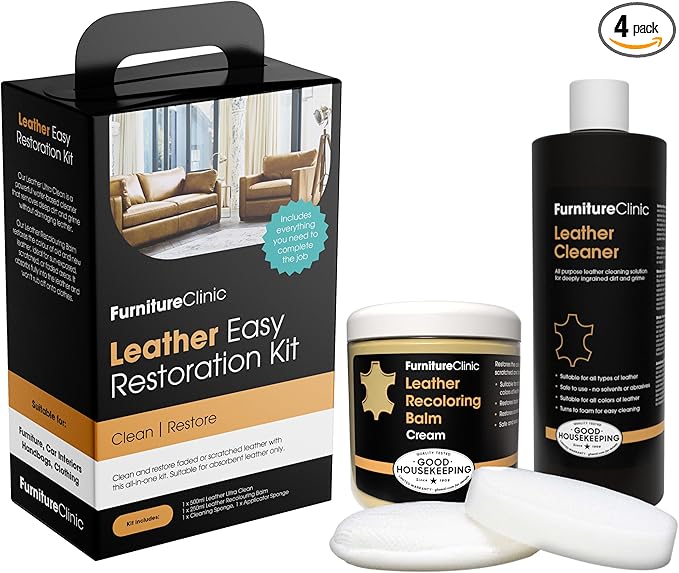 Furniture Clinic Leather Easy Restoration Kit | with Leather Recoloring Balm, Cleaner, Sponge, and Cloth | Leather Repair Kit for Scratched and Faded Furniture (Cream)
