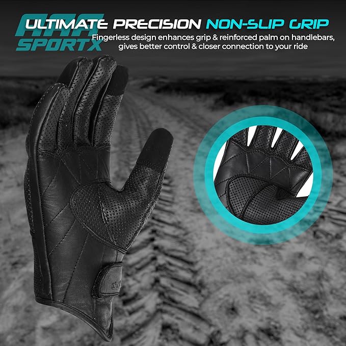 aasportx Motorcycle Gloves - Men's Leather Motorbike Gloves with Touchscreen Function - Non-Slip Pads for Men & Women