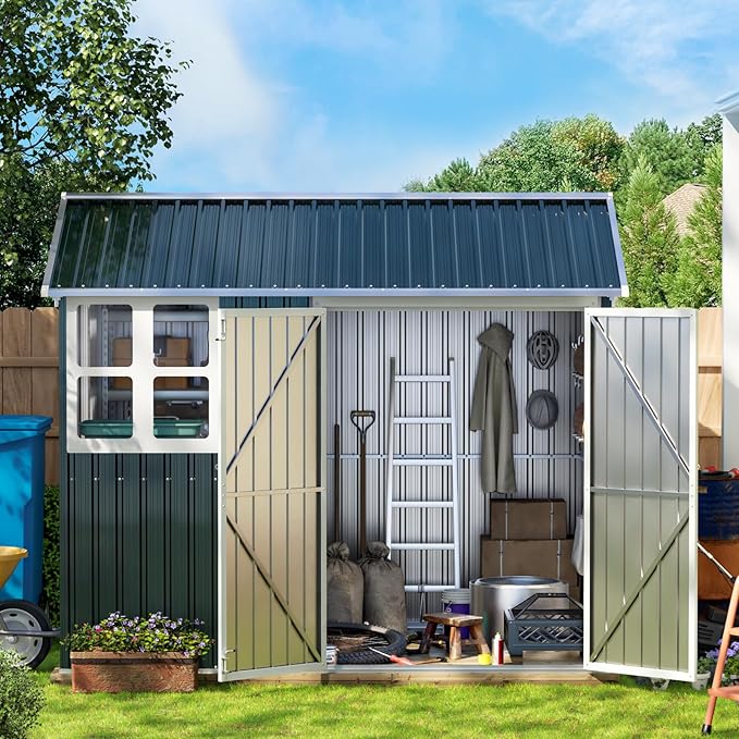 8X6FT Outdoor Steel Storage Shed with Lockable Doors, One Window, No Base, Ideal for Garden, Backyard, Patio Storage