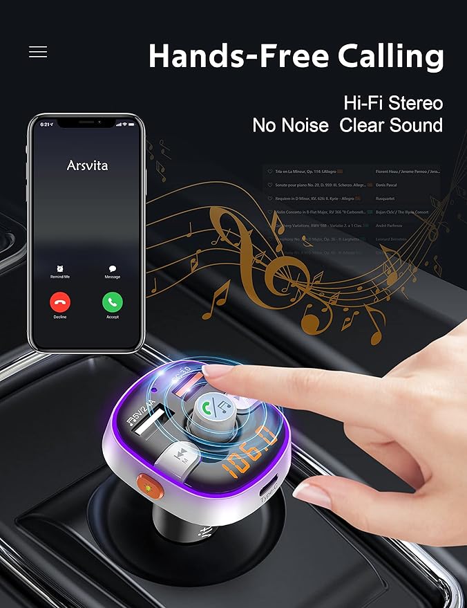 Arsvita Bluetooth FM Transmitter for Car, Radio Receiver/Audio Adapter with Type-C PD Charger, Support QC3.0 Quick Charging, Hands-Free Calling and Hi-Fi Sound Playback, Silver