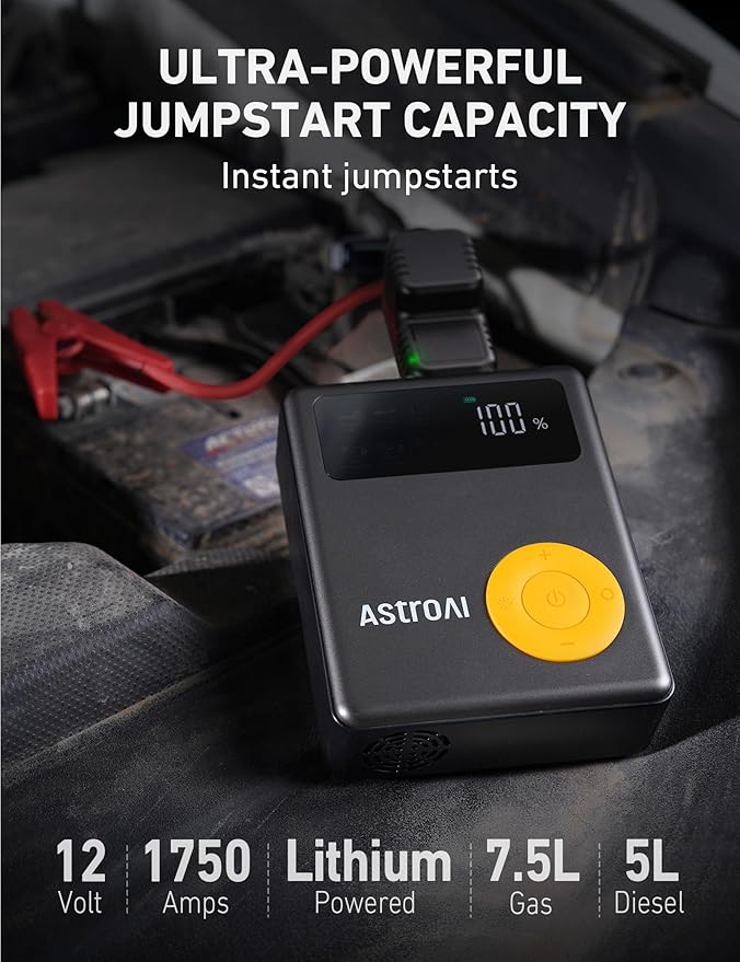 AstroAI Portable Car Jump Starter with Air Compressor, 150PSI 1750A Car Jumper Starter Battery Pack with Cordless Tire Inflator (7.5 Gas/5.0L Diesel), 12V Jump Box, Large LCD Display, Lights(Yellow)