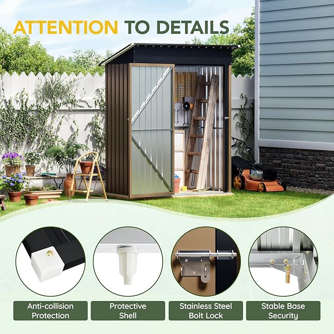 5x3FT Vertical Outdoor Steel Storage Shed, Lockable Doors, Compact Metal Tool Shed for Garden, Backyard, Patio, Utility, and Bike Storage,Brown