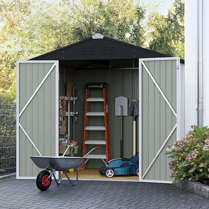 JUMMICO Metal Outdoor Storage Shed 6 x 8 FT Metal Shed with Lockable Door,Waterproof Garden Tool Shed Storage House for Backyard Patio Lawn,White